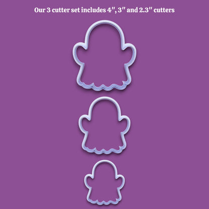 Three ghost-shaped cookie cutters – versatile Halloween baking tool for cookies, fondant, crafts, or clay projects.