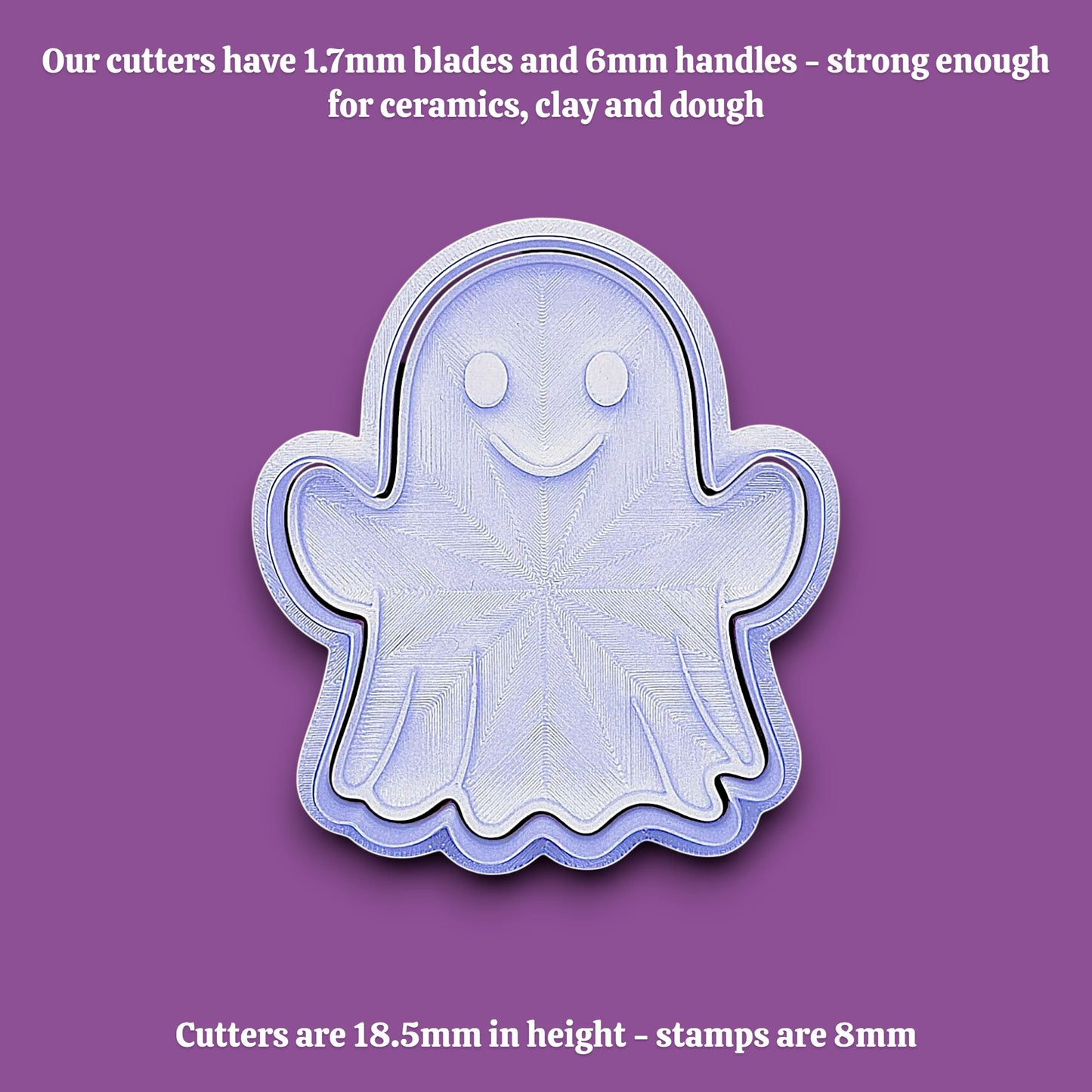 A ghost-shaped cookie cutter shown on a purple background with white text describing dimensions and strength.