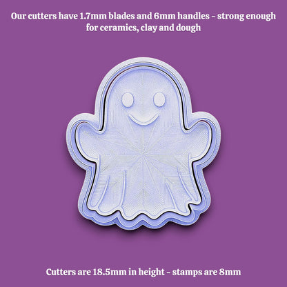 A ghost-shaped cookie cutter shown on a purple background with white text describing dimensions and strength.