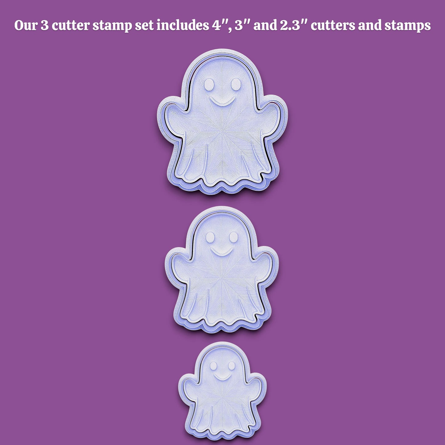 Ghost cookie cutter set with stamps – perfect for Halloween baking, fondant, crafts, and spooky treats in 3 sizes.
