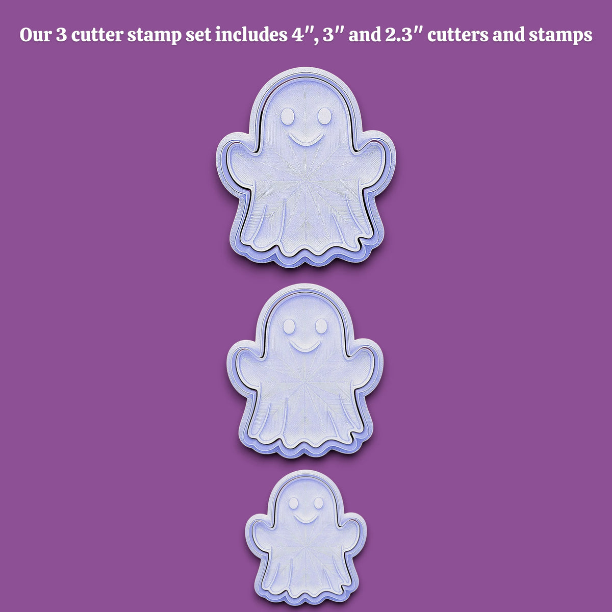Ghost cookie cutter set with stamps – perfect for Halloween baking, fondant, crafts, and spooky treats in 3 sizes.