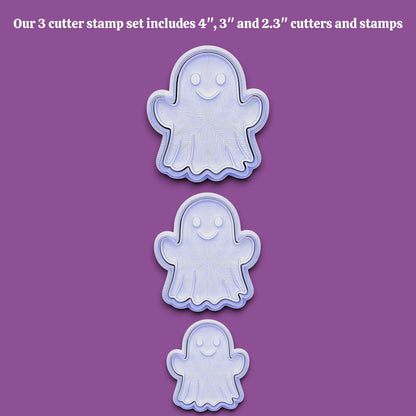 Ghost cookie cutter set with stamps – perfect for Halloween baking, fondant, crafts, and spooky treats in 3 sizes.
