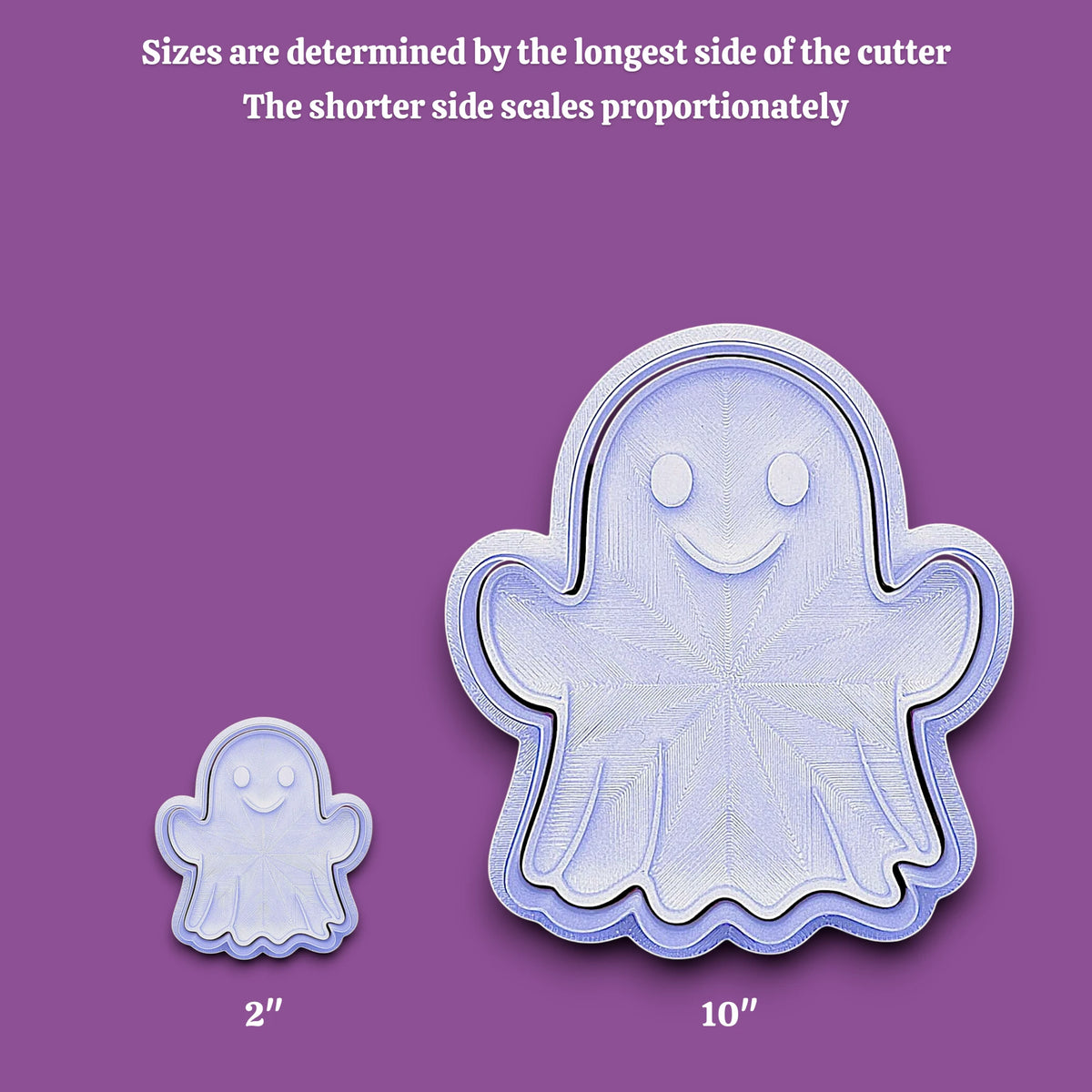 Two ghost-shaped cookie cutters shown on a purple background, one small labeled 2 inches and one large labeled 10 inches, with text at the top explaining size determination by the longest side.
