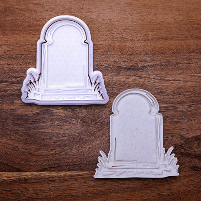 Gravestone cookie cutter and stamp and cookie imprint for eerie, easy-to-decorate cookies or creepy fondant toppers.