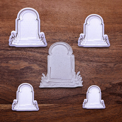 Gravestone cookie cutters and stamps in multiple sizes for eerie, easy-to-decorate cookies or creepy fondant toppers.