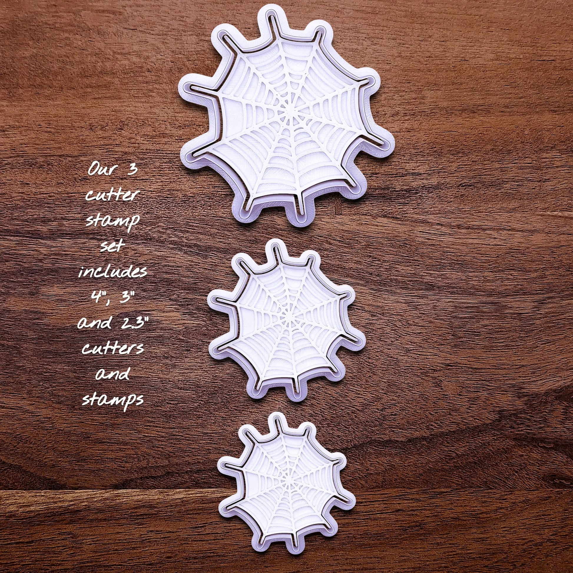 Handmade and customizable Halloween spiderweb cookie cutters and stamps, perfect for fall parties, events, trick or treats, and gifting.