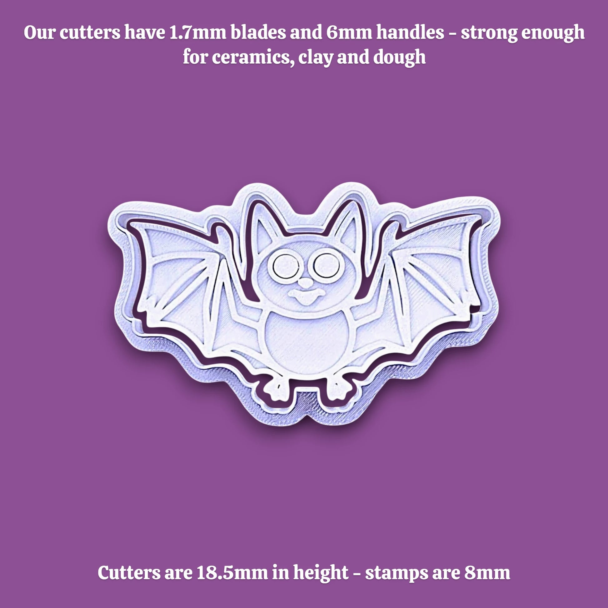 A bat-shaped cookie cutter, shown on a solid purple background with descriptive text at the top and bottom.