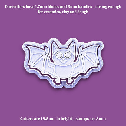 A bat-shaped cookie cutter, shown on a solid purple background with descriptive text at the top and bottom.