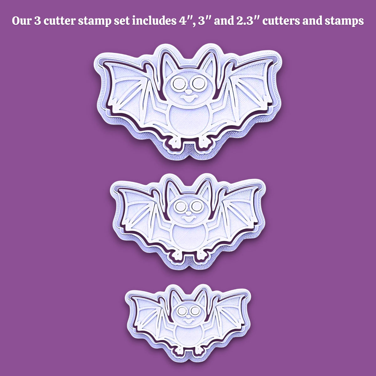 Three bat-shaped cookie cutters in different sizes displayed vertically on a solid purple background, with white text at the top stating 'Our 3 cutter stamp set includes 4", 3", and 2.3" cutters and stamps'.