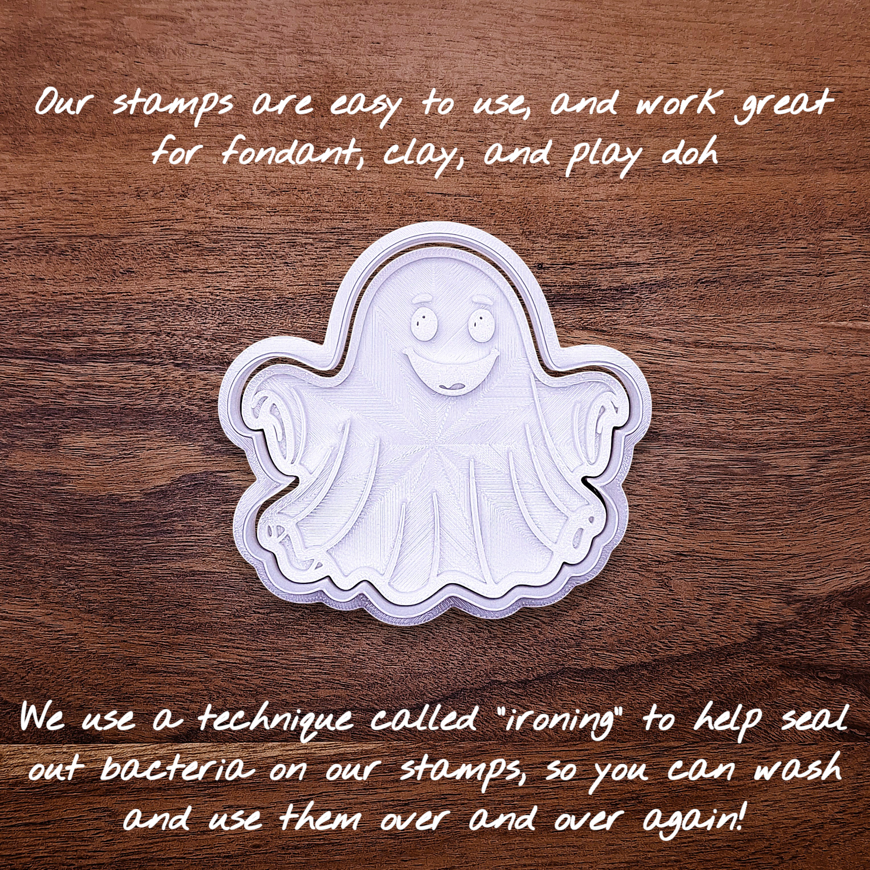Halloween ghost cookie cutter and stamp combo. Great for easy decorating and fun fall baking for school or spooky family celebrations.