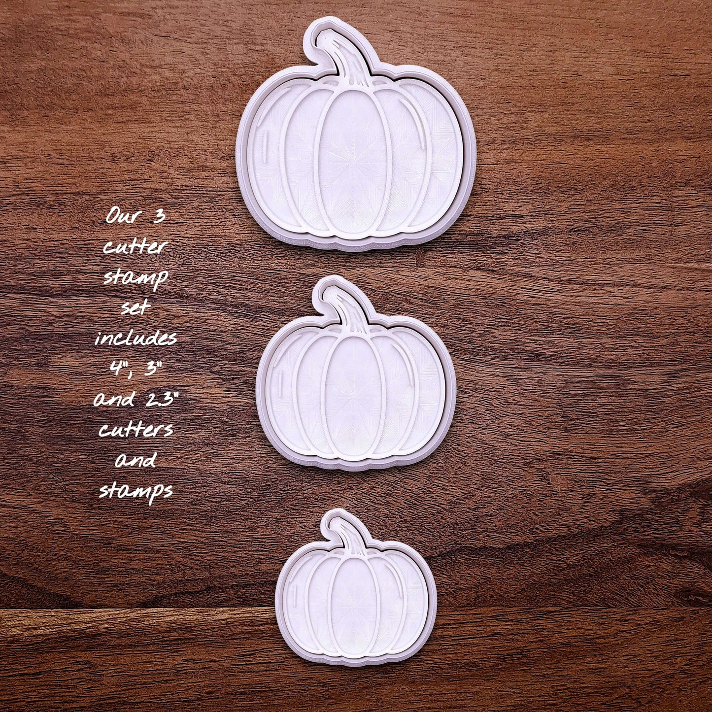 Three-piece pumpkin cookie cutter and stamp set in various sizes. Perfect for fall baking, Halloween treats, fondant toppers, and Thanksgiving desserts.