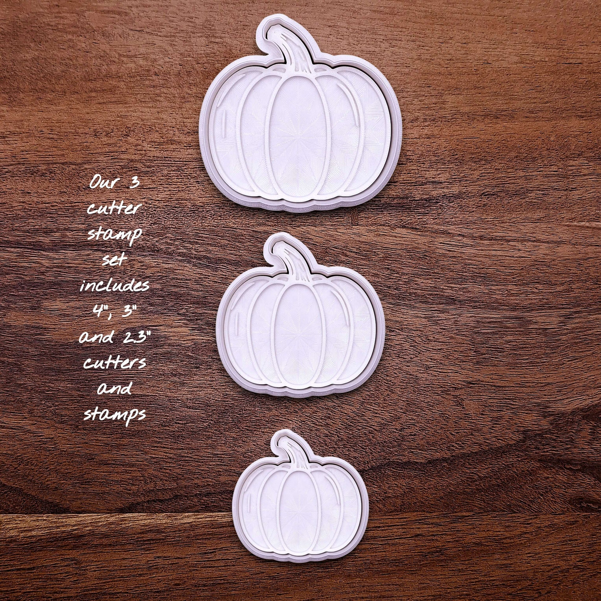 Three-piece pumpkin cookie cutter and stamp set in various sizes. Perfect for fall baking, Halloween treats, fondant toppers, and Thanksgiving desserts.