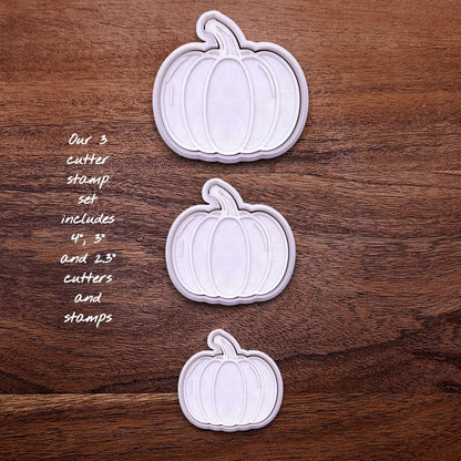 Three-piece pumpkin cookie cutter and stamp set in various sizes. Perfect for fall baking, Halloween treats, fondant toppers, and Thanksgiving desserts.