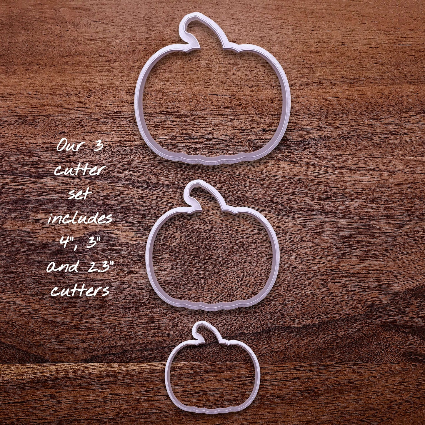 Pumpkin cookie cutter set in large, medium, and small sizes. Great for layered cookie platters, fondant crafts, or seasonal baking fun.
