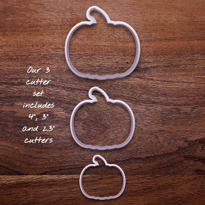 Pumpkin cookie cutter set in large, medium, and small sizes. Great for layered cookie platters, fondant crafts, or seasonal baking fun.
