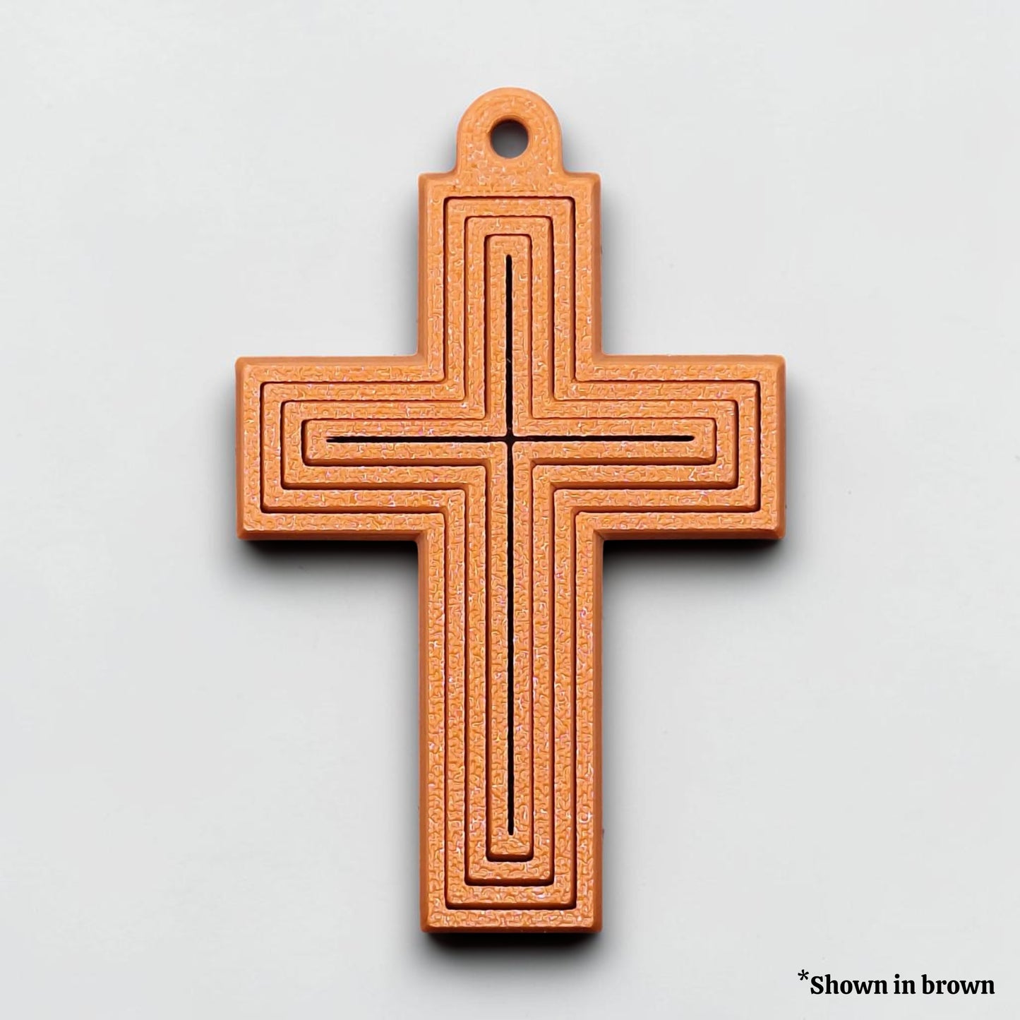 Handmade and customizable articulated cross keychains in cocoa brown, ideal for personalized gifts, church events, VBS, and faith-based accessories.