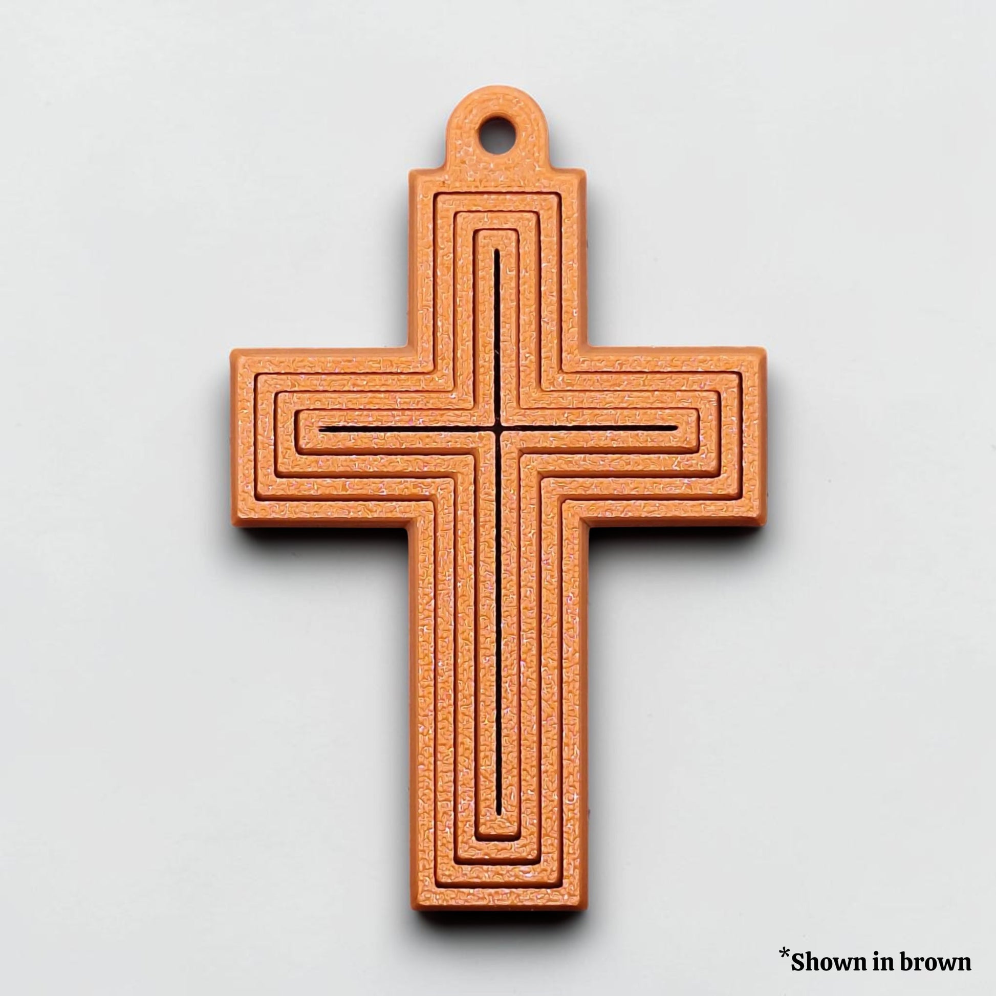 Handmade and customizable articulated cross keychains in cocoa brown, ideal for personalized gifts, church events, VBS, and faith-based accessories.