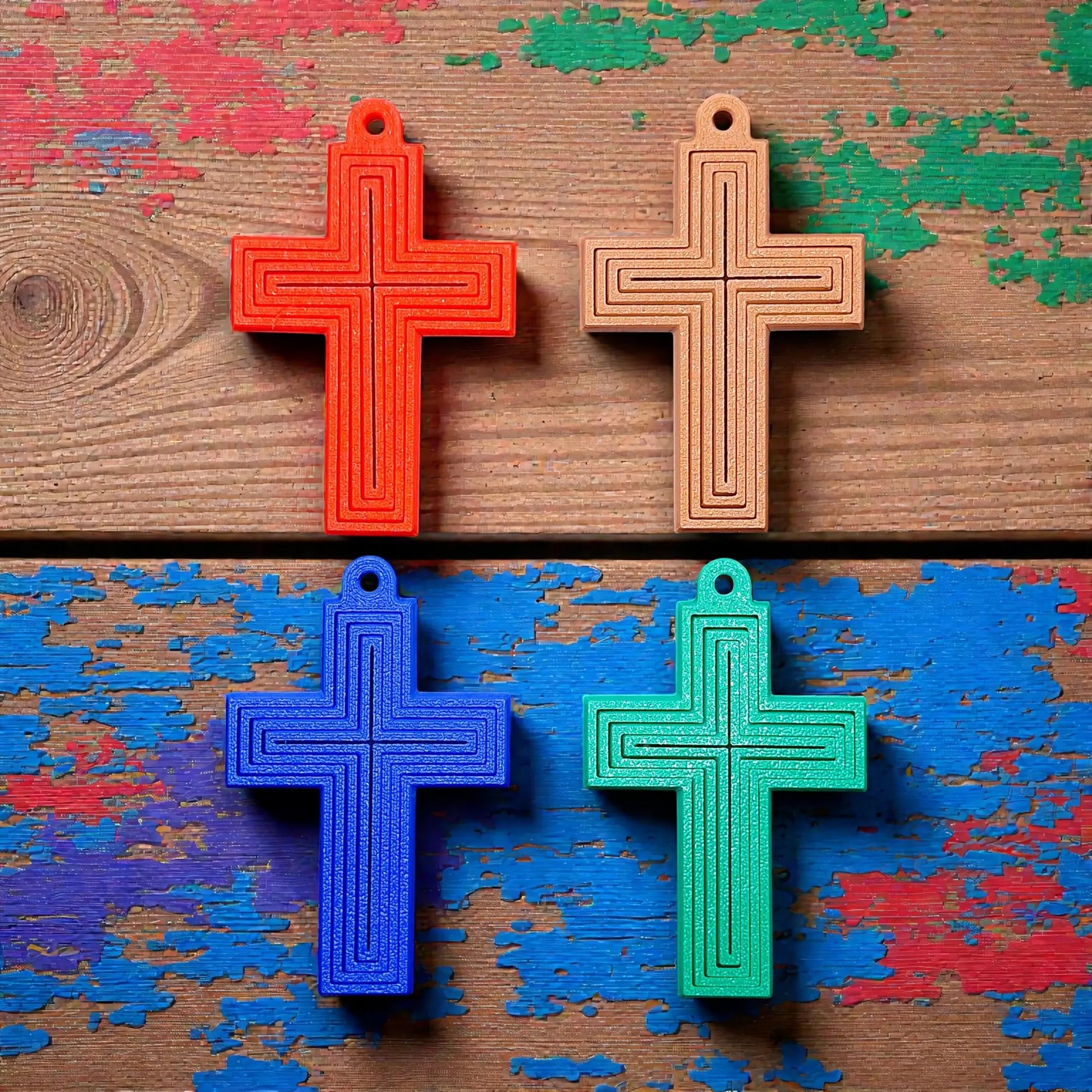Handmade and customizable articulated cross keychains in various colors, ideal for personalized gifts, church events, VBS, and faith-based accessories.