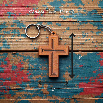 Handmade and customizable articulated cross keychain in brown, ideal for personalized gifts, church events, VBS, and faith-based accessories.