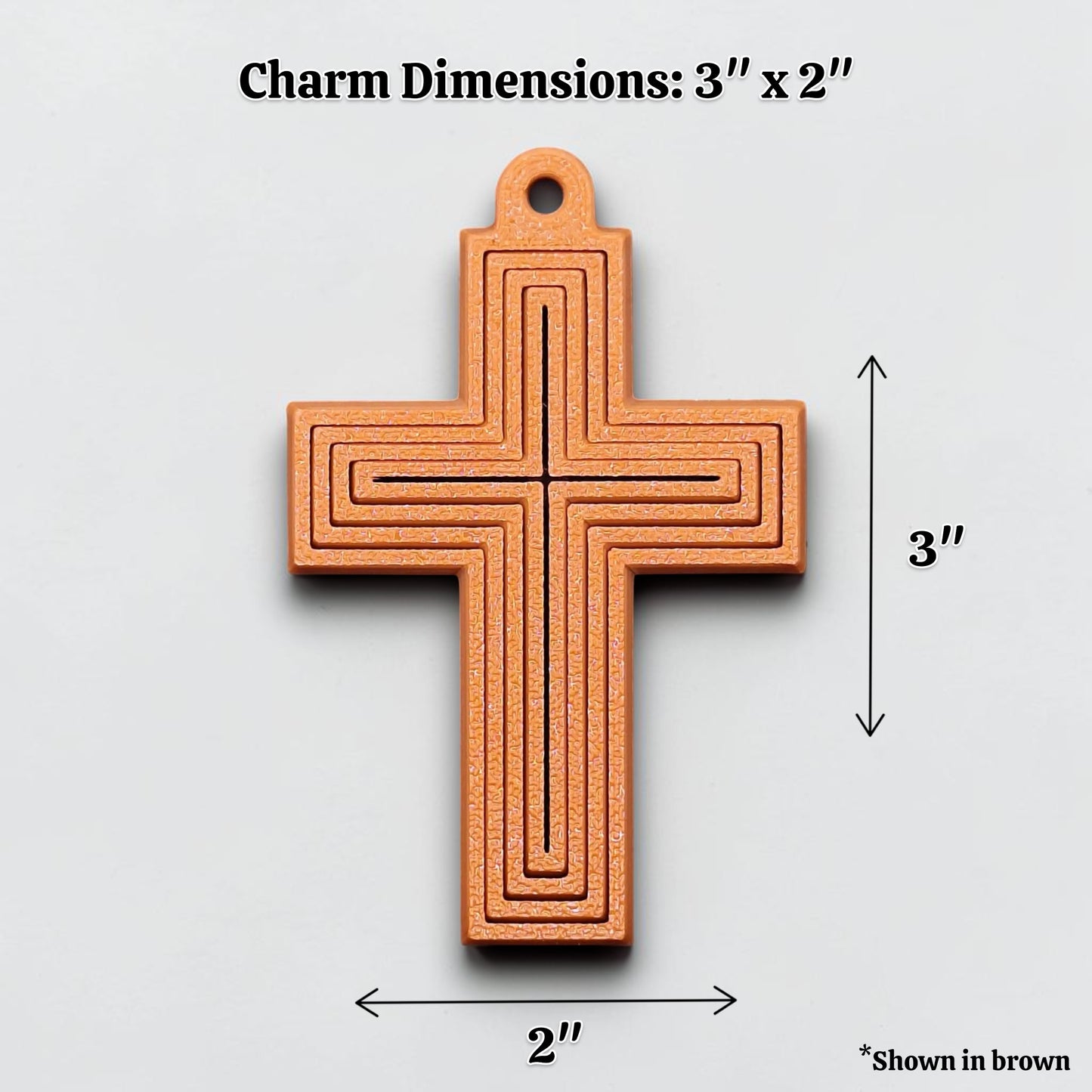 Handmade and customizable articulated cross keychain in brown, ideal for personalized gifts, church events, VBS, and faith-based accessories.