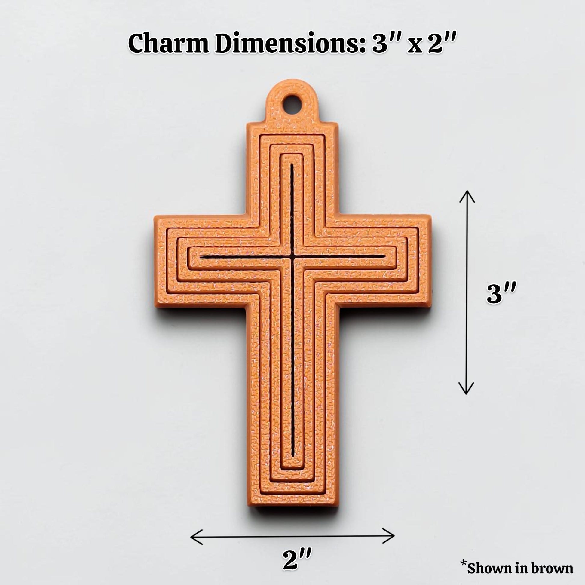 Handmade and customizable articulated cross keychain in brown, ideal for personalized gifts, church events, VBS, and faith-based accessories.