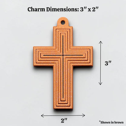 Handmade and customizable articulated cross keychain in brown, ideal for personalized gifts, church events, VBS, and faith-based accessories.