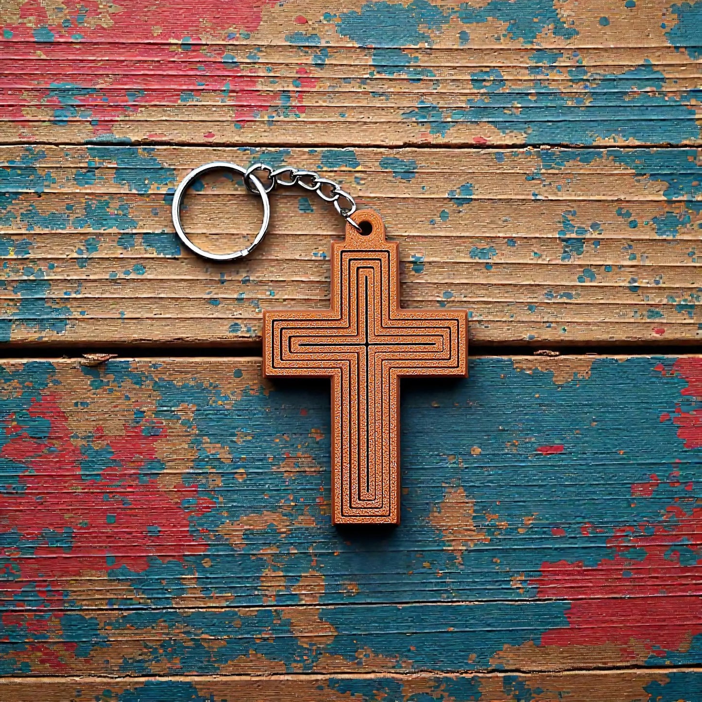 Handmade and customizable articulated cross keychain, ideal for personalized gifts, church events, VBS, and faith-based accessories.