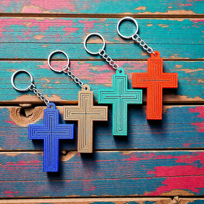 Handmade and customizable articulated cross keychains, ideal for personalized gifts, church events, VBS, and faith-based accessories.