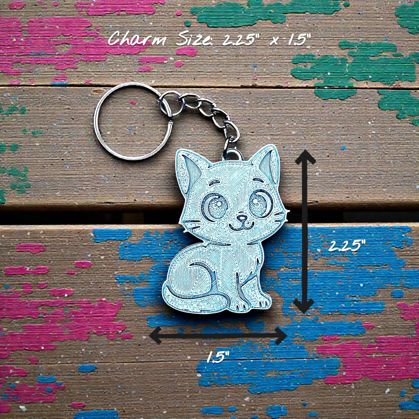 Handmade and customizable cat keychain in silver – perfect for pet lovers, gifts, and cat-themed bag or zipper charms.