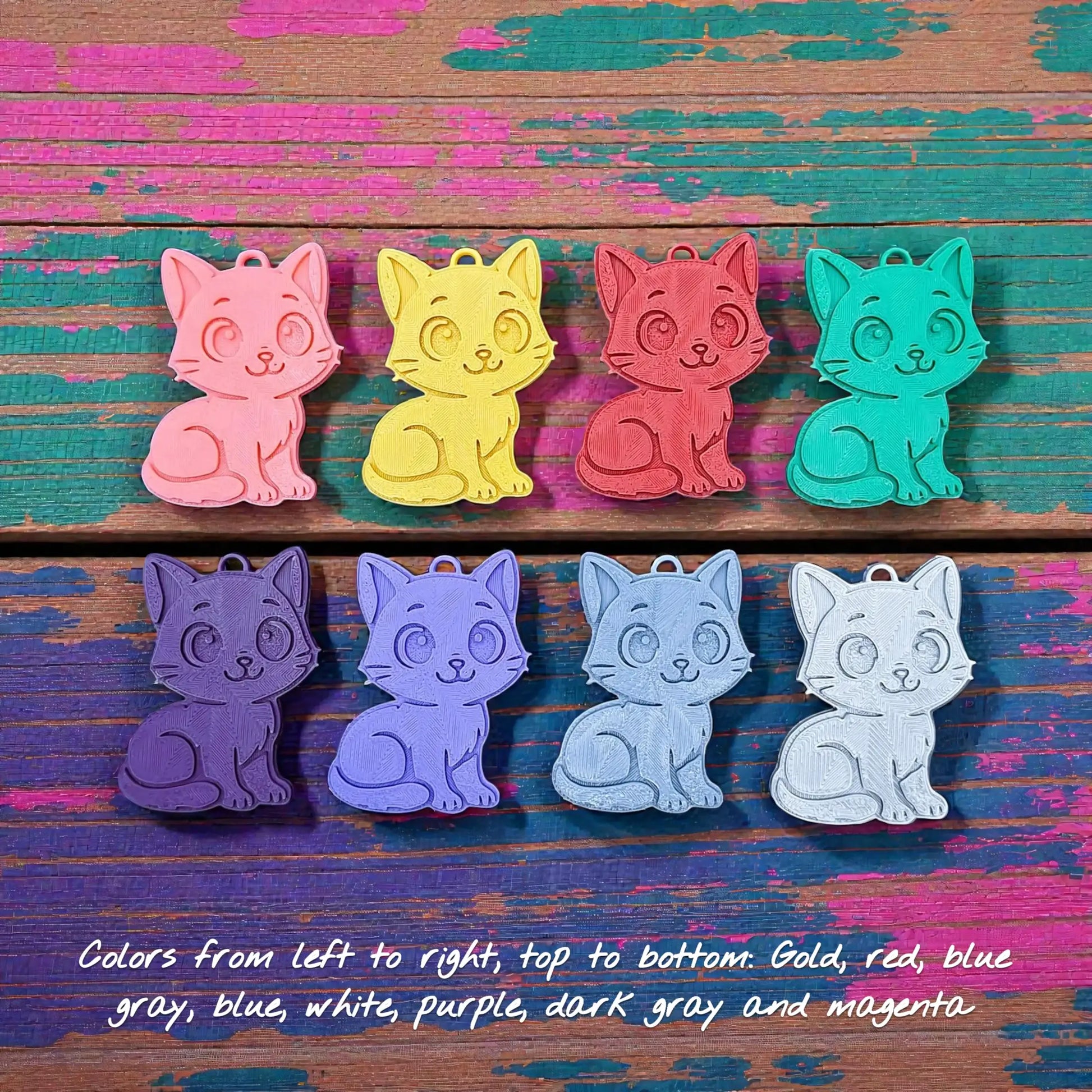 Handmade and customizable cat keychains in various colors – perfect for pet lovers, gifts, and cat-themed bag or zipper charms.