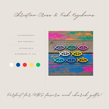 Handmade Christian Fish Keychain featuring three crosses, perfect for religious gifts, baptism, confirmation, Sunday school, and church events.