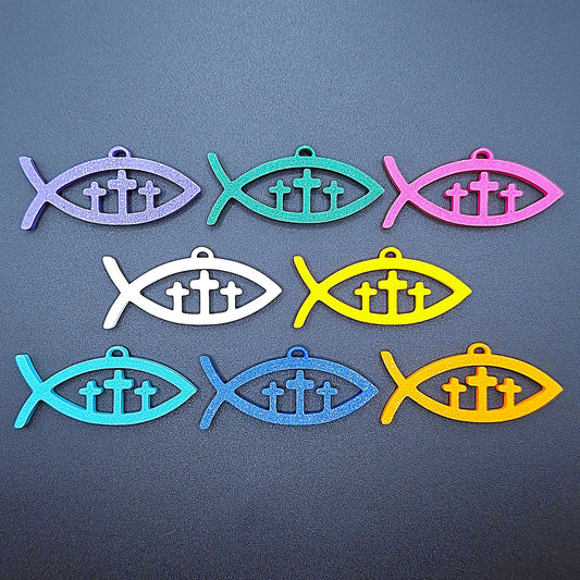 Handmade Christian Fish Keychain featuring three crosses, perfect for religious gifts, baptism, confirmation, Sunday school, and church events.