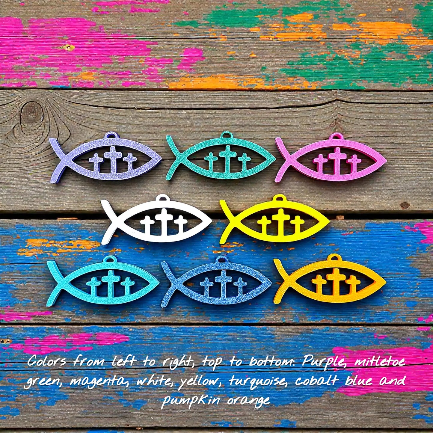 Handmade Christian Fish Keychain featuring three crosses in unique colors, perfect for religious gifts, baptism, confirmation, Sunday school, and church events.