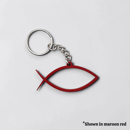 Handmade and customizable Ichthys Fish Keychains in maroon red, inspirational religious charms for Easter gifts, VBS giveaways, and church favors.