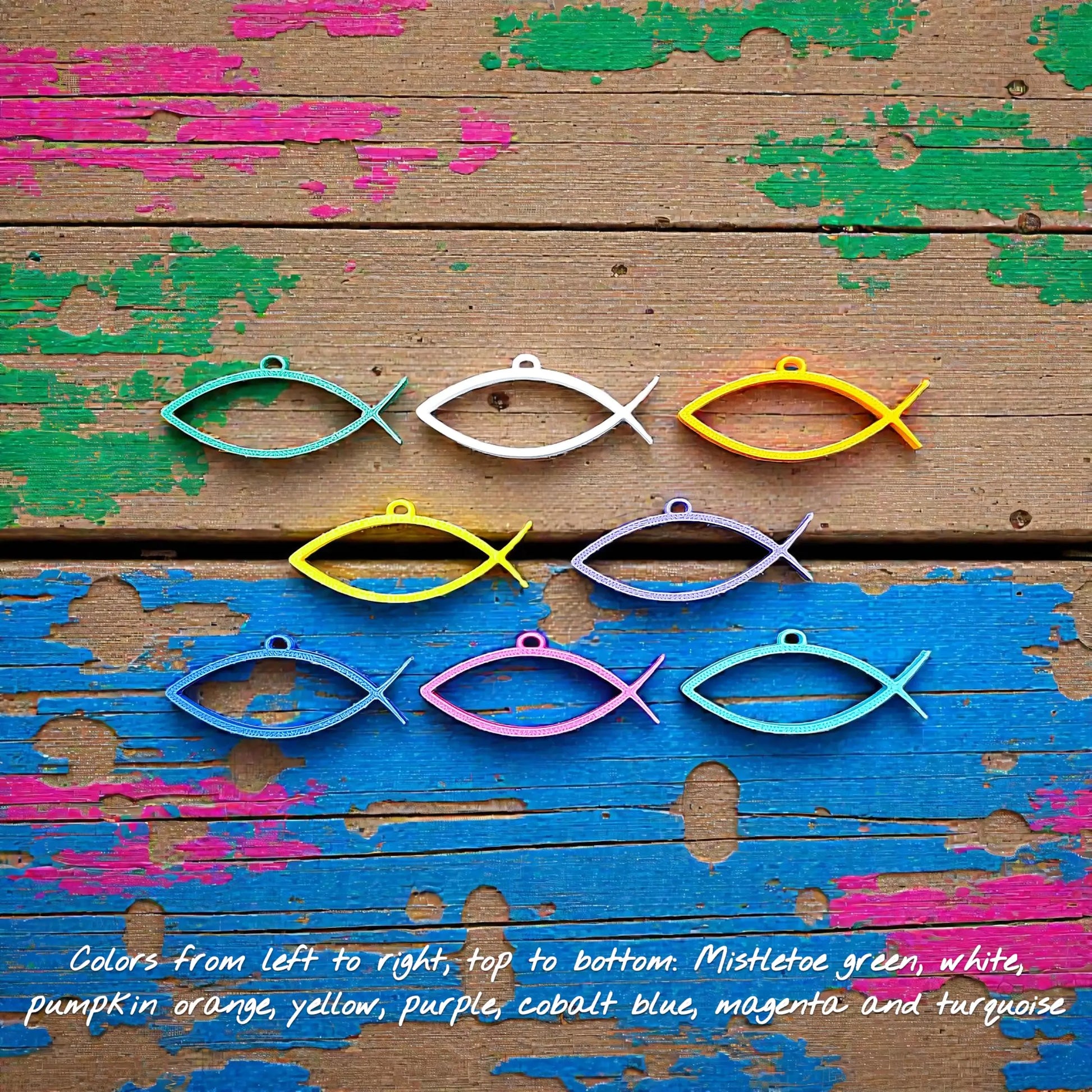 Handmade and customizable Ichthys Fish Keychains in various colors, inspirational religious charms for Easter gifts, VBS giveaways, and church favors.