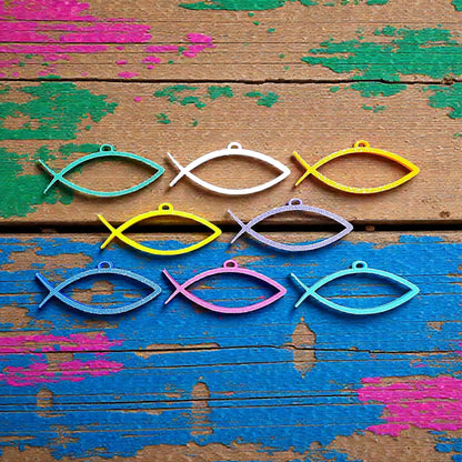 Handmade and customizable Ichthys Fish Keychains in unique colors, inspirational religious charms for Easter gifts, VBS giveaways, and church favors.