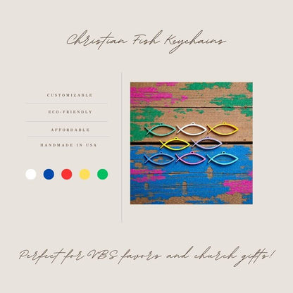 Handmade and customizable Ichthys Fish Keychains in assorted colors, inspirational religious charms for Easter gifts, VBS giveaways, and church favors.