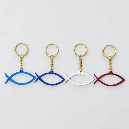 Handmade and customizable Ichthys Fish Keychains in various colors with gold keyrings, inspirational religious charms for Easter gifts, VBS giveaways, and church favors.