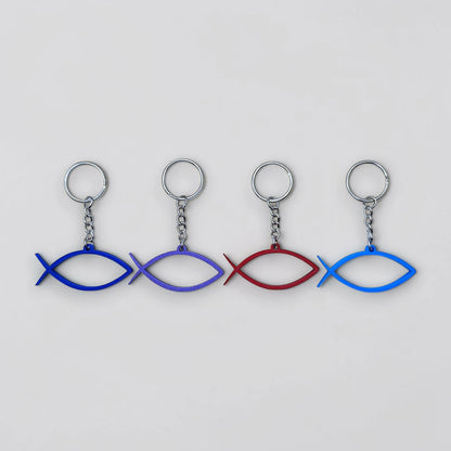 Handmade and customizable Ichthys Fish Keychains in unique colors, inspirational religious charms for Easter gifts, VBS giveaways, and church favors.
