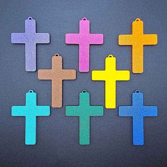 Reverse view of eight colorful cross keychains, handmade and eco-friendly, perfect for church events, VBS, and faith-inspired gifts.