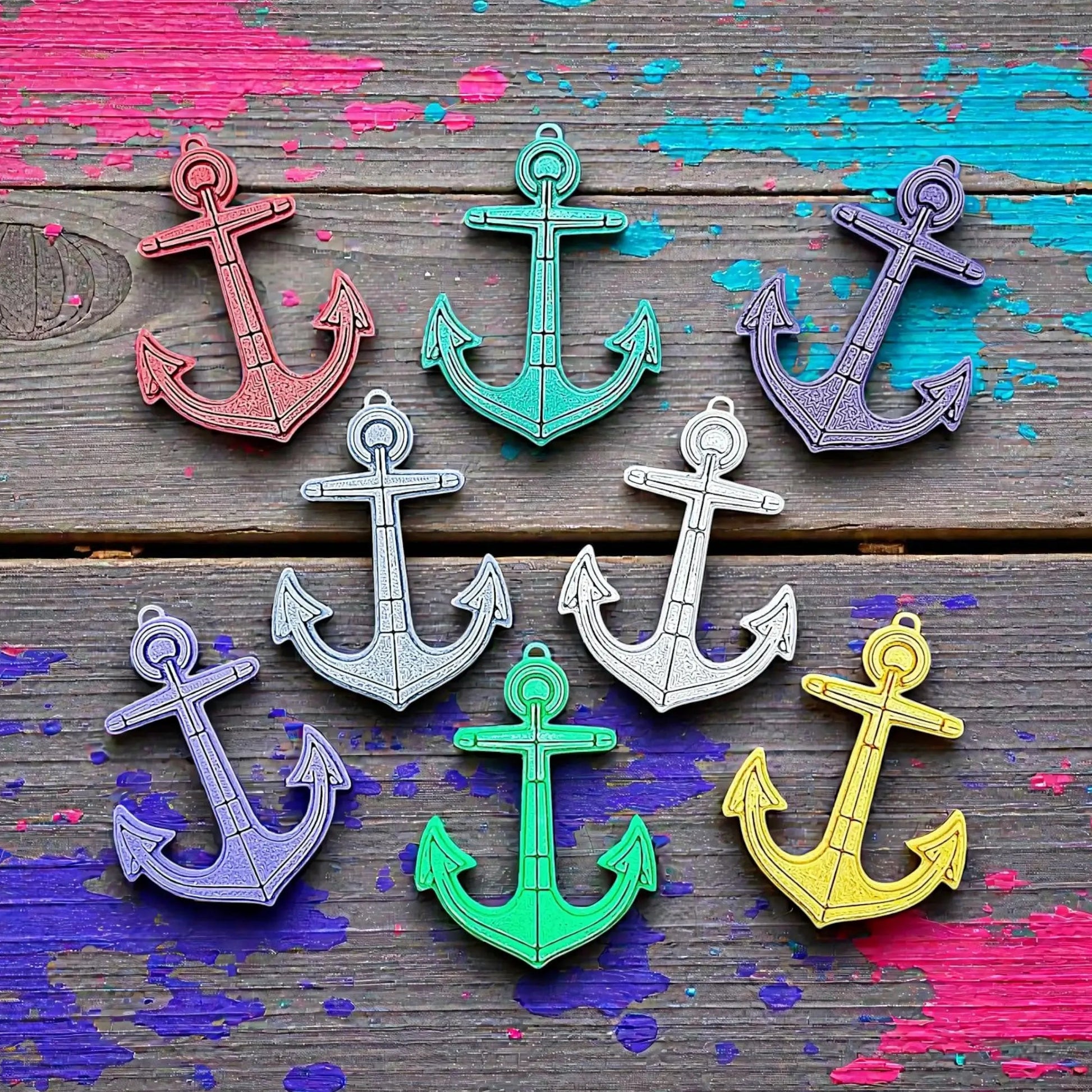Eco-friendly handmade and customizable anchor keychains in assorted colors, perfect nautical accessory for baby showers, boat lovers, coastal weddings, and beach-themed gifts.