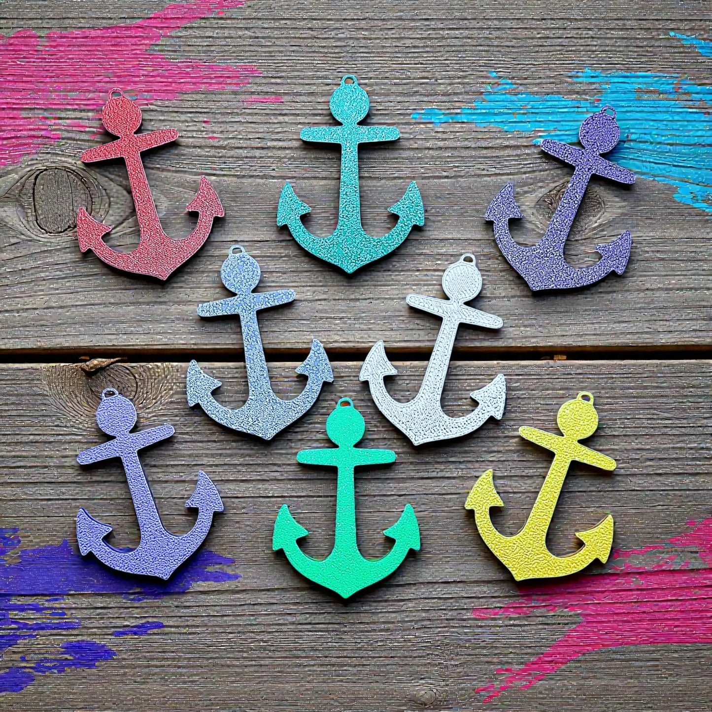 Reverse of handmade and customizable anchor keychains in assorted colors, perfect nautical accessory for baby showers, boat lovers, coastal weddings, and beach-themed gifts.