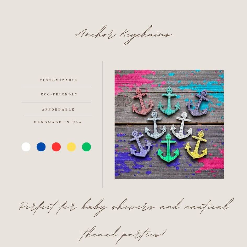 Eco-friendly handmade and customizable anchor keychains in various colors, perfect nautical accessory for baby showers, boat lovers, coastal weddings, and beach-themed gifts.