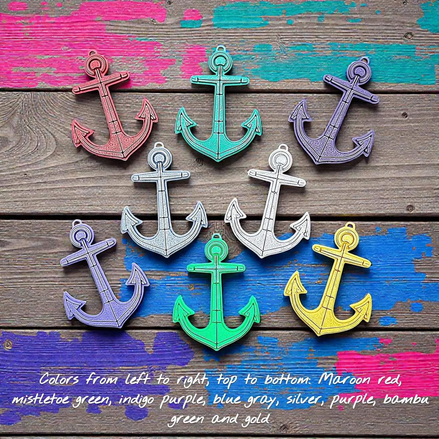 Eco-friendly handmade and customizable anchor keychains in unique colors, perfect nautical accessory for baby showers, boat lovers, coastal weddings, and beach-themed gifts.