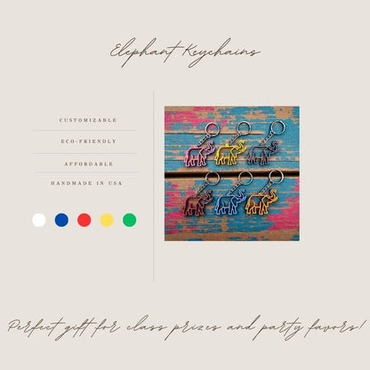 Handmade and customizable elephant keychain in multiple colors, perfect for classroom prizes, party favors for kids birthdays, baby showers and unique stocking stuffers.