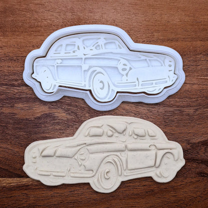 Handmade and customizable antique roadster car cookie cutter and stamp alongside a dough cutout and imprint, perfect for vintage car themed cookies, birthdays and gifting.