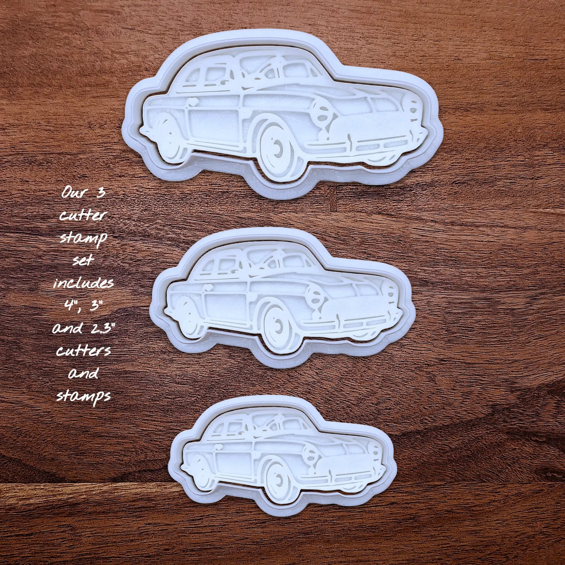 Handmade and customizable antique roadster car cookie cutter and stamp set, perfect for vintage car themed cookies, birthdays and gifting.