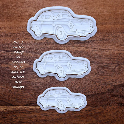 Handmade and customizable antique roadster car cookie cutter and stamp set, perfect for vintage car themed cookies, birthdays and gifting.