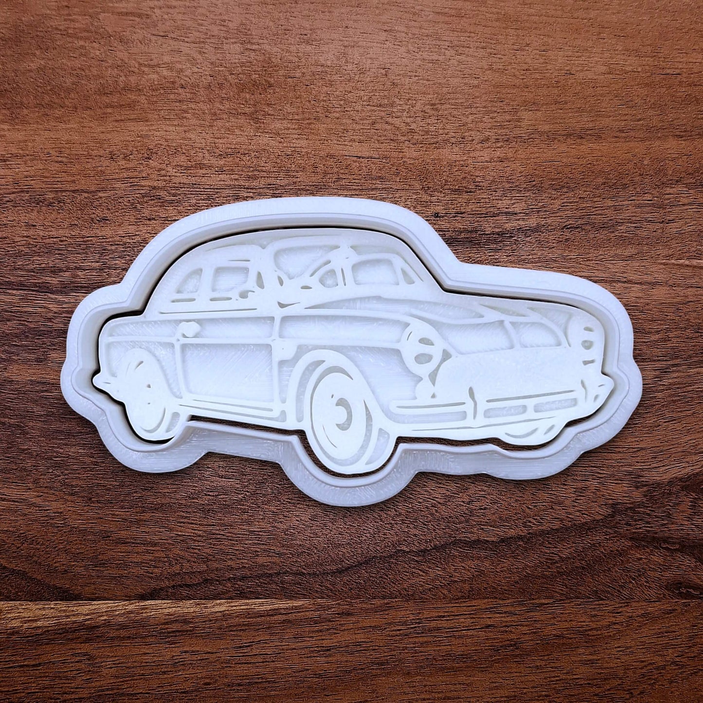 Handmade and customizable antique roadster car cookie cutter and stamp, perfect for vintage car themed cookies, birthdays and gifting.
