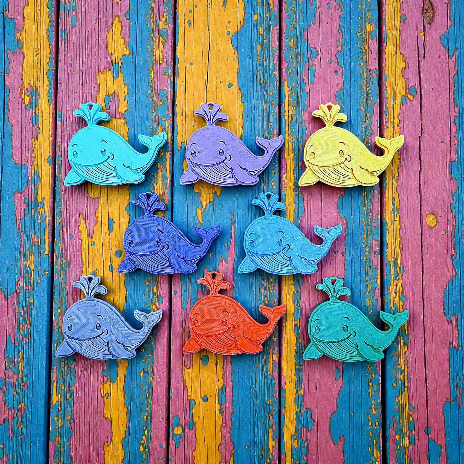 Handmade and customizable whale keychains featuring a friendly aquatic design, perfect for classroom prizes, party favors for kids birthdays, and unique bag charms.